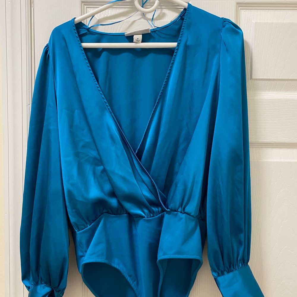 Sergio Hudson Blue Silk Deep V Bodysuit M